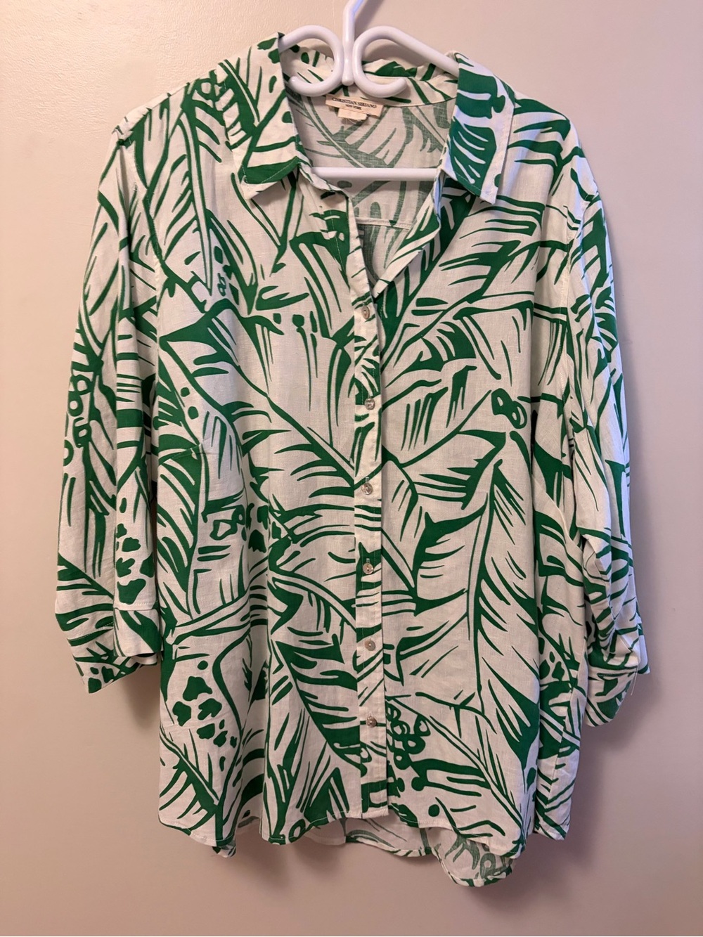 White Button-Up Linen Shirt with Green Leaf Print